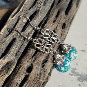 Hand Crafted Fimo Clay Green Blue Red Flower Beads Antique Silver Earrings